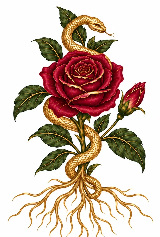 A golden serpent entwined around a burgundy rose, with botanical leaves and golden roots