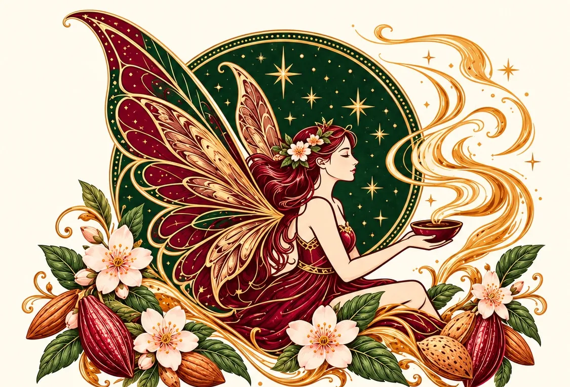 The MallowMind fairy with cocoa, flowers and golden swirls